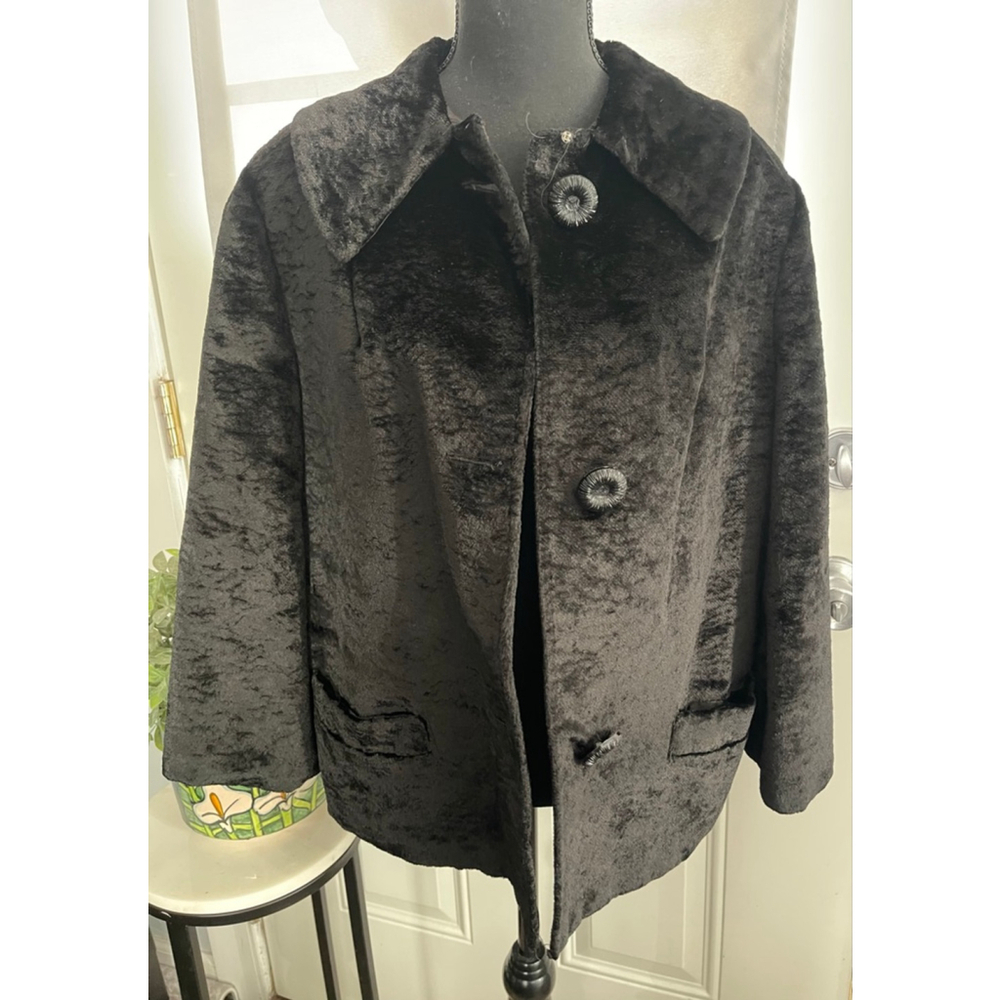 1950s Black Crushed Velvet Swing Coat w/ Rosette Buttons Old Hollywood L - Picture 6 of 9